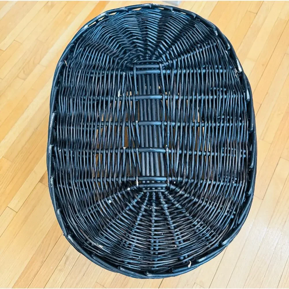 Boho Extra Large Deep Oval Dark Brown Rattan Storage Basket w Braid Loop Handle